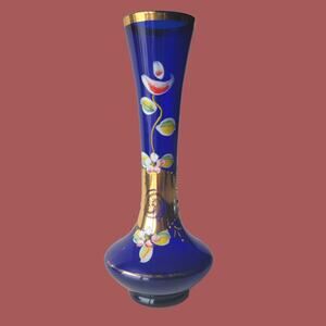 Vintage 1950s Bohemian Czech Hand-Painted Cobalt Glass Vase
